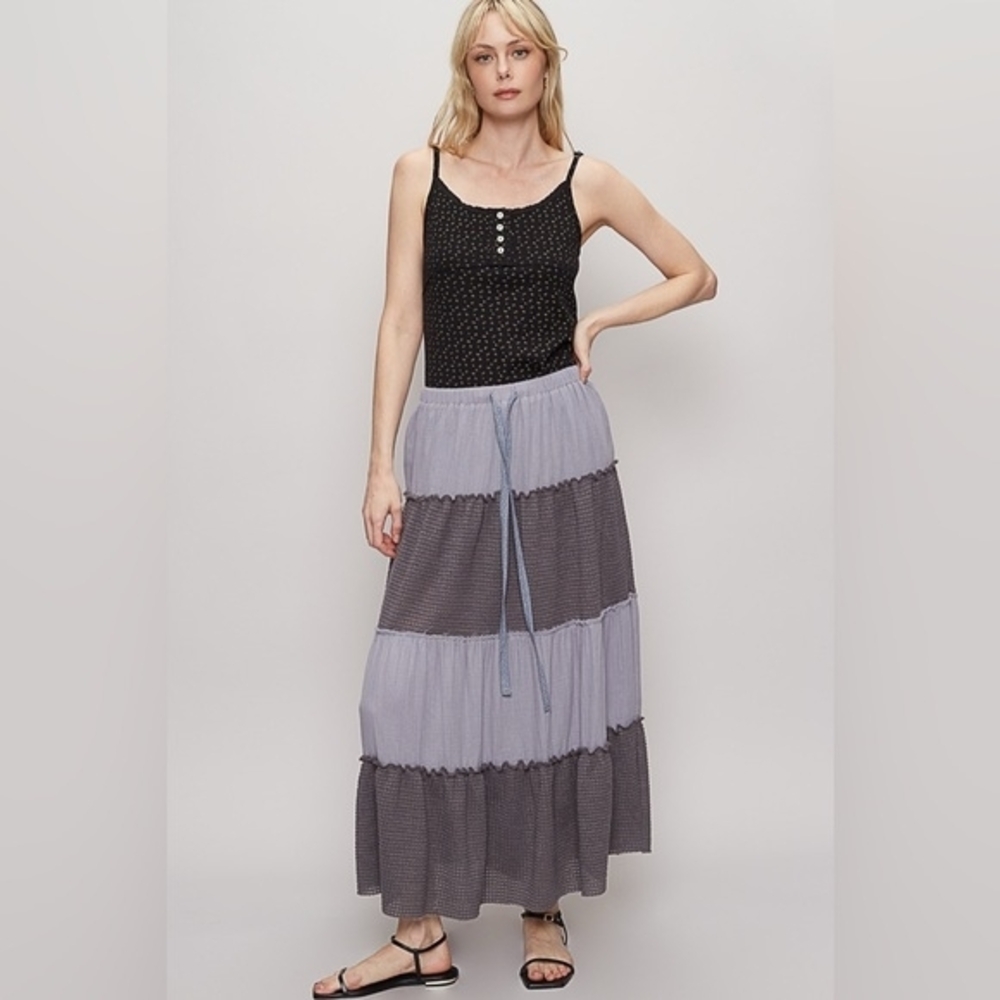 NWT POL Tiered Maxi Skirt in Light Gray and Charcoal